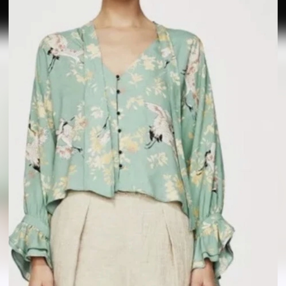 ZARA SEA GREEN BLOUSE WITH HERON PRINT FLOWING TOP